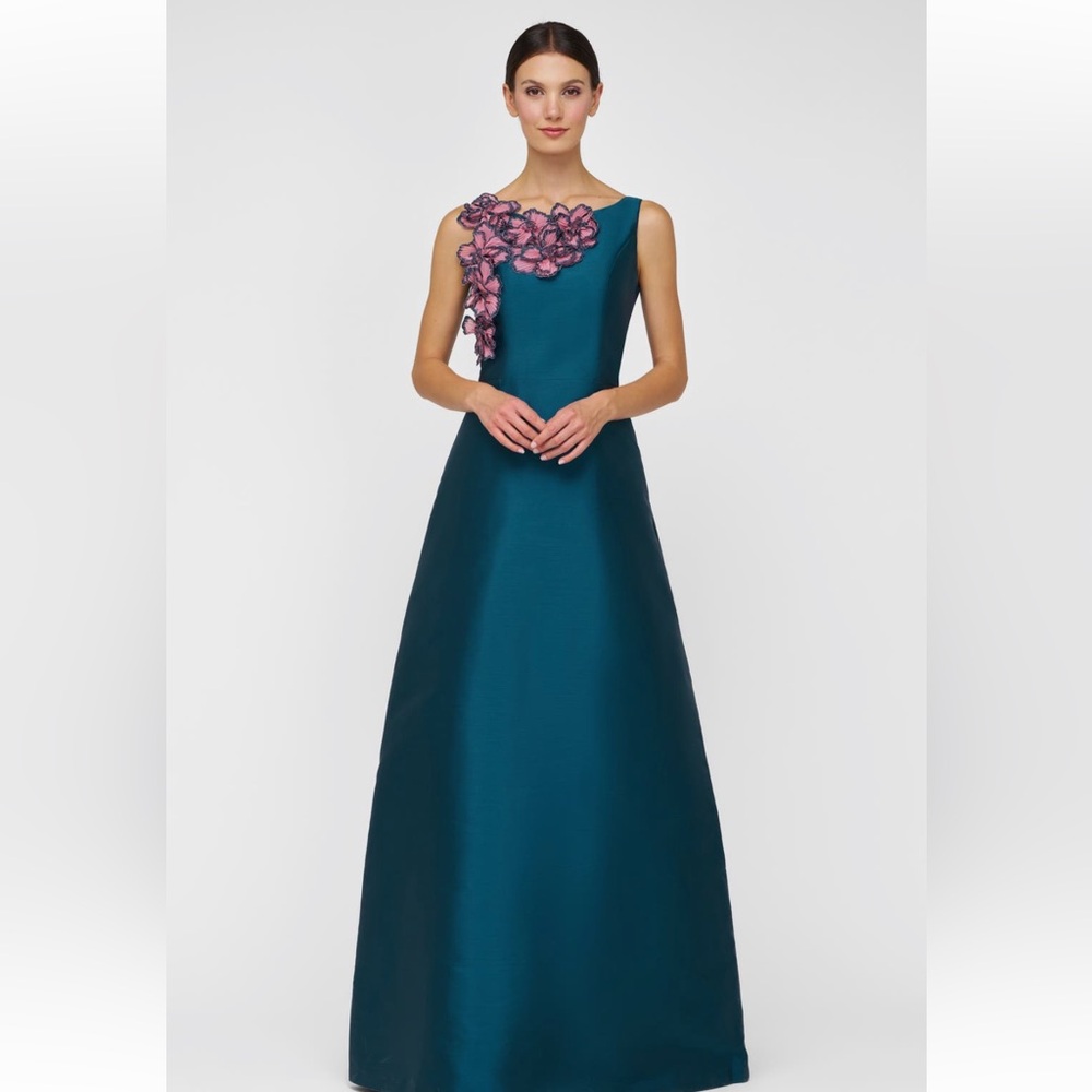 Teal Evening Gown with Pink Floral Applique